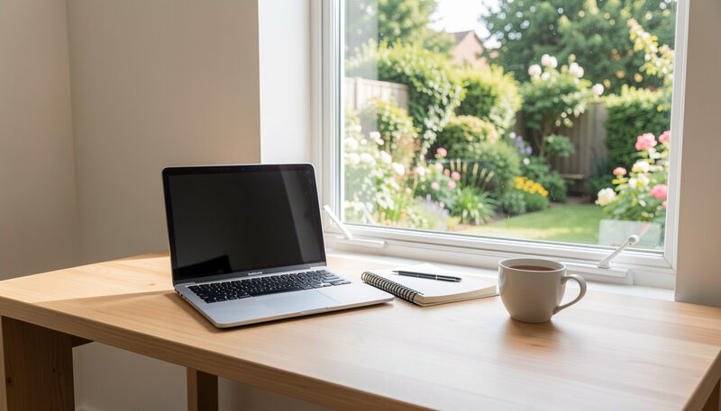 A laptop, a notebook and a cup of tea on an oak desk beside a window overlooking a garden.