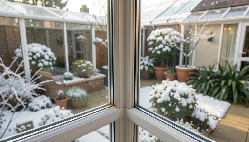 The corner of a double-glazed window looking out on a snow-covered garden and potted shrubs.