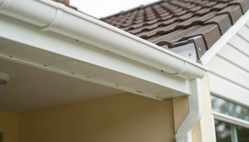 White fascia board, soffit and gutter along the eaves of a tiled roof, seen from below.