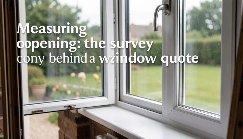A surveyor holding a tape measure across a bare brick window opening, a notebook resting on the sill.