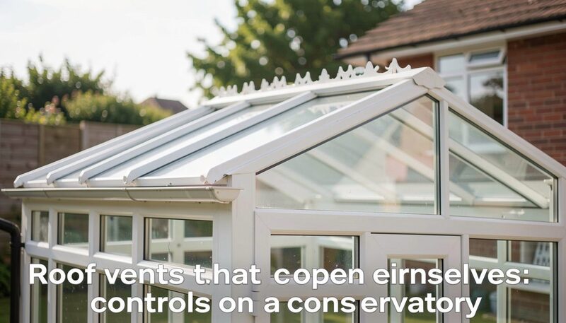 An open roof vent in a conservatory ceiling with a small motorised arm, sky visible through the gap.