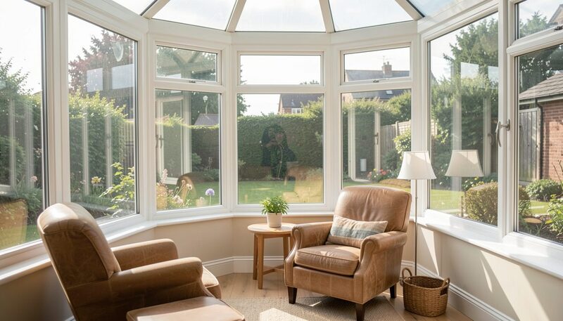 A leather armchair under a glass conservatory roof with a square of hard sunlight across one arm.