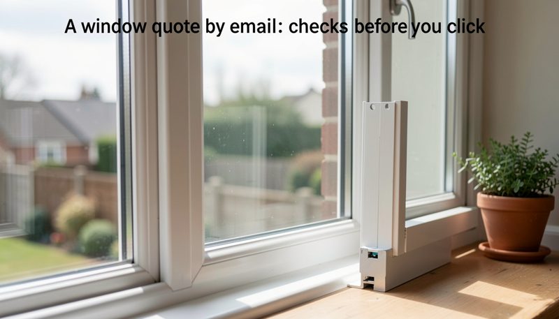 A laptop on a kitchen table showing an email quote beside a paper window brochure and a mug, daylight from a side window.